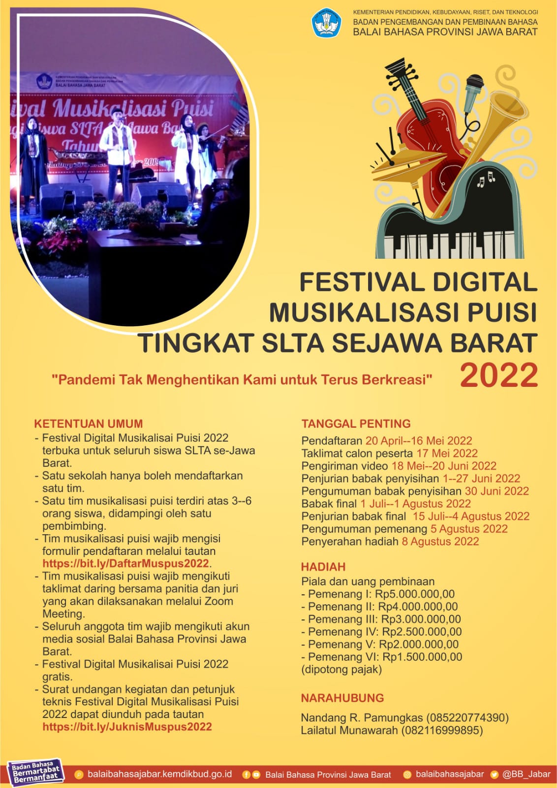 Balai Bahasa Provinsi Jawa Barat kembali menggelar Festival Digital Musikalisasi Puisi Tingkat SMA Se-Jawa Barat.